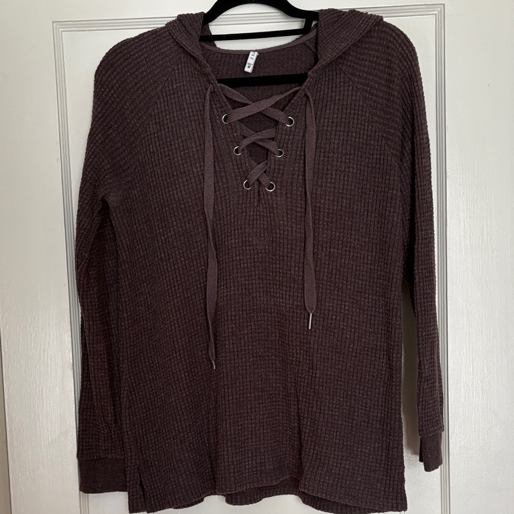 Z Supply Lace-Up Knit Hoodie in Deep Purple/Gray